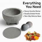 Granite Mortar and Pestle Set with Silicone Base – Large Guacamole Bowl and Masher, Herb Grinder, Spice Grinder, Garlic Smasher, Avocado Masher Tool, Stone Mill Grinder for Kitchen Spices