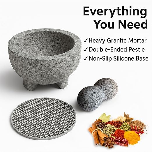 Granite Mortar and Pestle Set with Silicone Base – Large Guacamole Bowl and Masher, Herb Grinder, Spice Grinder, Garlic Smasher, Avocado Masher Tool, Stone Mill Grinder for Kitchen Spices