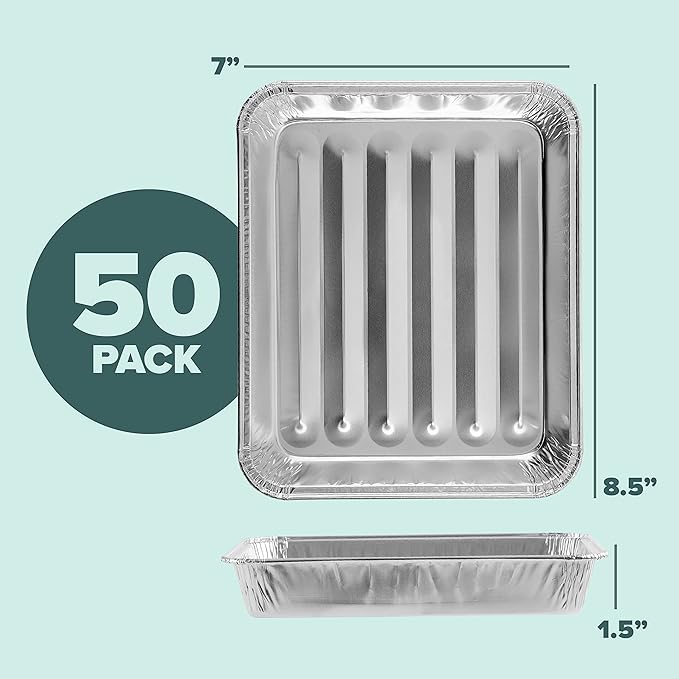 PLASTICPRO 50 Pack Disposable Aluminum Grill Liners Toppers Aluminum Foil Broiler Pans Durable Ribbed Grill Drip Pans 8.5x7