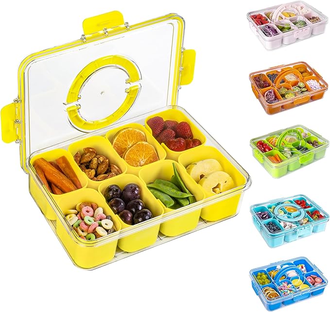 Divided Snack Serving Tray with Lid and Handle Travel Snackle Charcuterie Container Portable Storage Organizer for Candy, Fruits, Nuts, Snacks, Party, Picnic (1pack, Yellow)