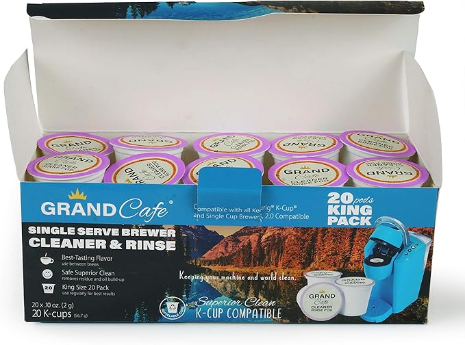 Grand Cafe - 20 Pack K-Cup Cleaner and Rinse for Keurig Single Serve Brewer Machines - 2.0 Compatible