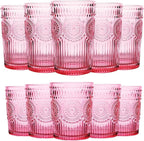 12pcs Vintage Drinking Glasses Set, 12 oz Highball Glasses & 9 oz Embossed Ribbed Glassware Cups for Cocktail, Water, Juice, Coffee, Whiskey (Pink)