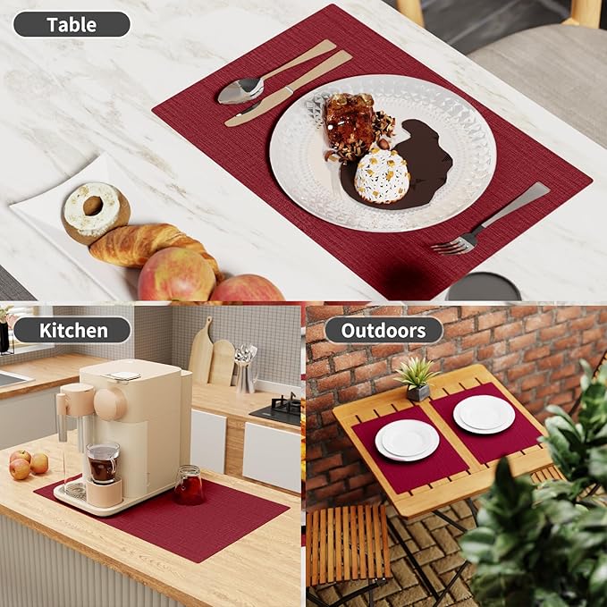 Cloth Placemats, Set of 6 Heat-Resistant Cotton Linen Blend Double Layered Machine Washable Place Mats, Wrinkle Free Thick Fabric Dining Table Mats for Indoors & Outdoors (Burgundy, 6)