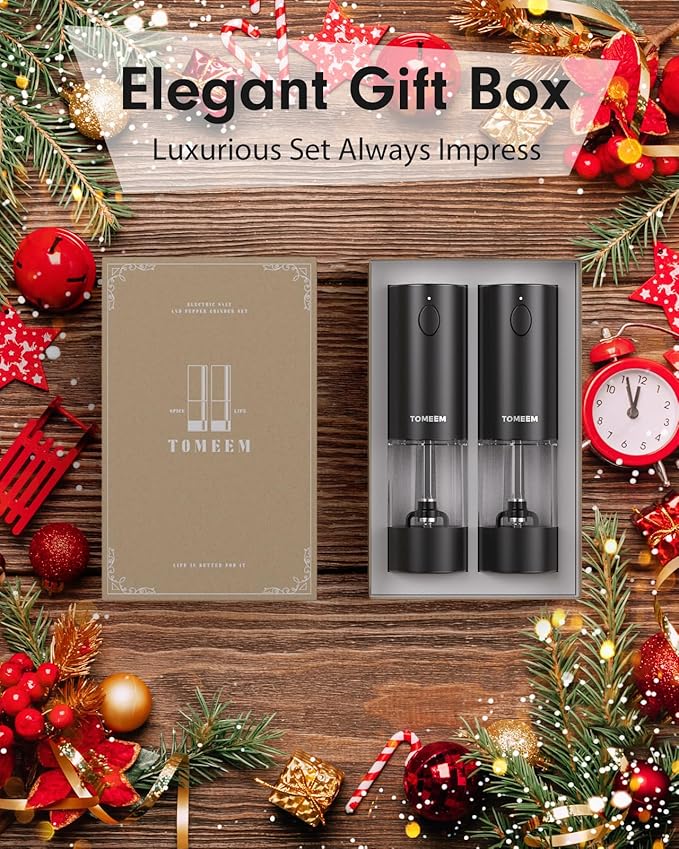 TOMEEM Upgraded Larger Capacity Electric Salt and Pepper Grinder Set Rechargeable with LED lights, Stainless Steel Automatic Pepper and Salt Grinder Refillable with 5 Adjustable Coarseness Black