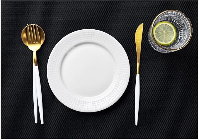 LEXMORE Placemats Set of 8 Vinyl/Plastic Woven Place Mats for Kitchen Table Indoor/Outdoor Washable Placemat Wipeable Dining Table Mats(Black)