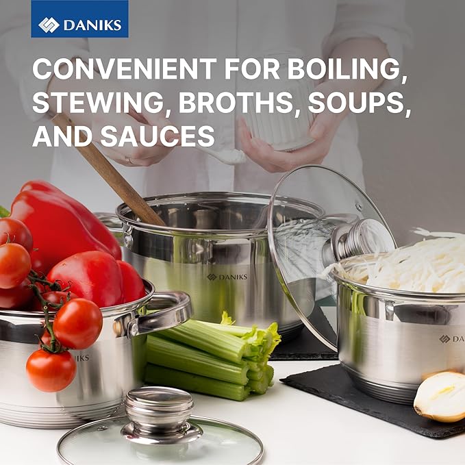 Daniks Standard Stainless Steel Stock Pot with Glass Lid – Induction 4 Quart, Dishwasher Safe, Measuring Scale, For Soup, Pasta, Stew, Silver