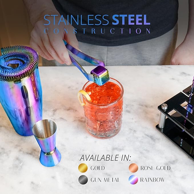 Mixology Bartender Kit – 24 Piece Rainbow Cocktail Shaker Set w/Stand – Essential Home Bar Accessories Martini Shaker, Jigger, Muddler, Chilling Cubes & More