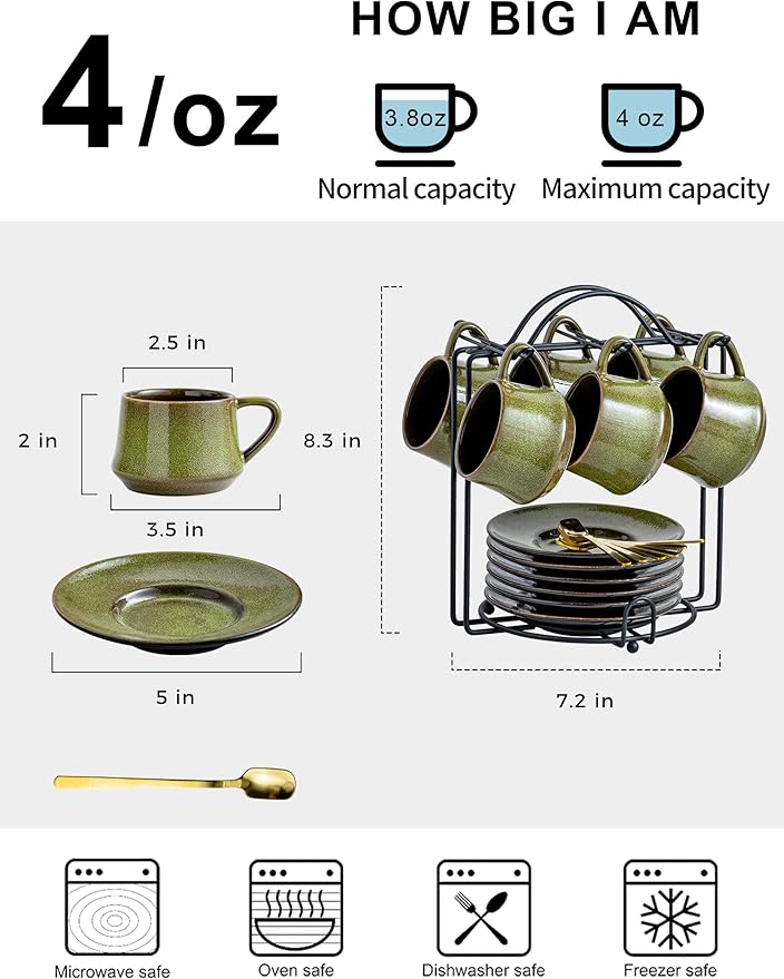 YHOSSEUN Ceramic Espresso Cups Set of 6, 4 Oz Expresso Shots Cup with Stand, Saucers & Spoons, Small Coffee Cup for Double Espresso, Mocha and Tea, Green
