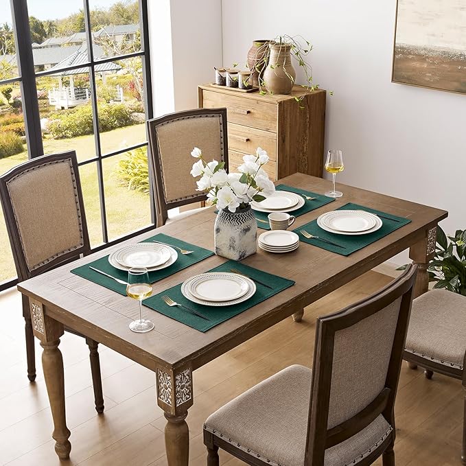 Romanstile Cloth Placemats Set of 6-12 x 18 Inch, Heat Resistant Double Layered Thickened Burlap Christmas Place Mats, Washable Linen Farmhouse Table Mats for Kitchen/Dining/Party/Outdoor, Green