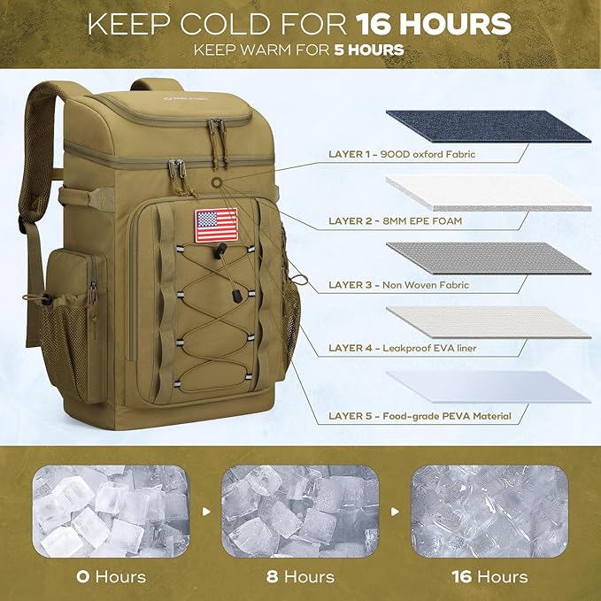 Maelstrom Backpack Cooler,Soft Lightweight Leakproof Tactical Cooler Backpack,50 Can Insulated Cooler Bag,Keeps 50 Cans Hot/Cold for Up to 16 Hours,Waterproof Lunch Bag for Men Women-Khaki