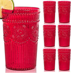 Ciaell 12 Pack Romantic Plastic Water Glasses - 14 Oz Red Vintage Drinking Glasses, Embossed Ribbed Plastic Cups, Textured Striped Set for Juice, Beverages, Beer, Cocktail, Christmas