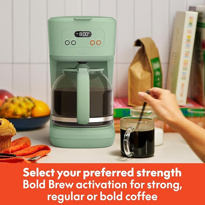 bella 12 Cup Programmable Coffee Marker, Reusable Dishwasher Safe Accessories, Easy LCD diaply, Auto Shutoff, 900 watt, Seaglass