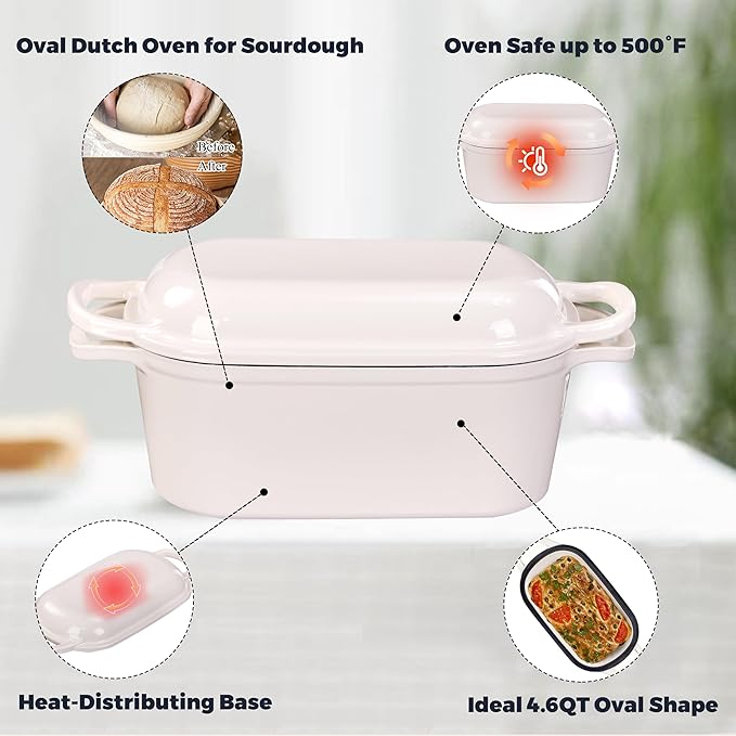 4.6 Quart Dutch Oven for Sourdough Bread Baking, Combo Oval Enameled Cast Iron Bread Pan with Lid, Bread Dutch Oven for a Crispy Crust, White
