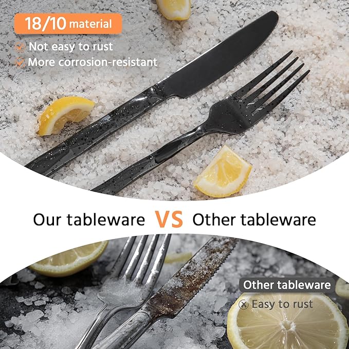 KINGSTONE Black Silverware Set, Luxury 60 Piece Flatware Set for, 18/10 Stainless Steel Cutlery Set with Diamond Cut Pattern for Kitchen, Home, Wedding, Party, Mirror Polished and Dishwasher Safe