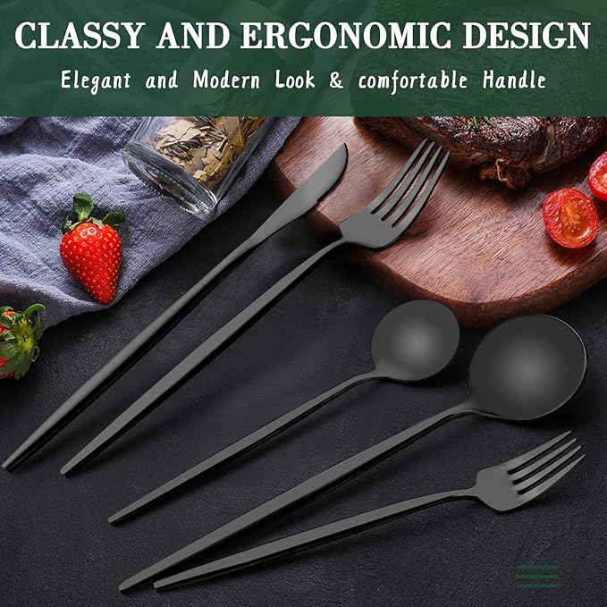 40-Piece Matte Black Silverware Set for 8, CEKEE Stainless Steel Flatware Cutlery Set, Cutlery Kitchen Utensils Set for Home Restaurant Apartment, Include Knife Forks and Spoons Silverware Set