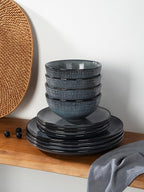 Famiware Moonlight Plates and Bowls Sets, 12 Pieces Stoneware Dinnerware Sets with Linen Finish, Handmade Dishware Set for 4, Microwave and Dishwasher Safe, Chip and Scratch Resistant, Dark Blue