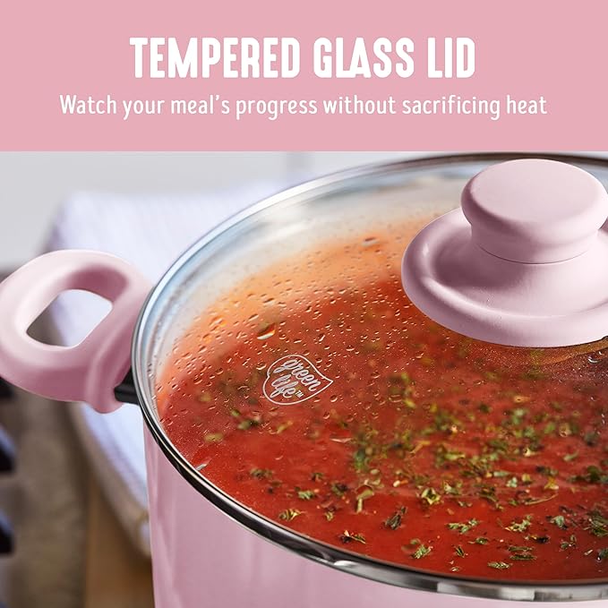 GreenLife 16 Piece Nonstick Cookware Set, Soft Grip Non-Toxic PFAS-Free Ceramic Pots & Pans, Dishwasher & Oven Safe, Frying, Sauce, Saute, Utensils, Glass Lids, Stay-Cool Handles, Wobble Free, Pink