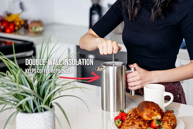 Barista Warrior French Press with Thermometer - Insulated Coffee Press - Stainless Steel Coffee Maker (1.0L, 34 fl oz, Silver)