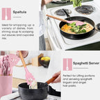 E-far Cooking Utensils Set of 6, Silicone Kitchen Utensils with Wooden Handle, Non-stick Cookware Friendly & Heat Resistant, Includes Spatula/Ladle/Slotted Turner/Serving Spoon/Spaghetti Server(Pink)