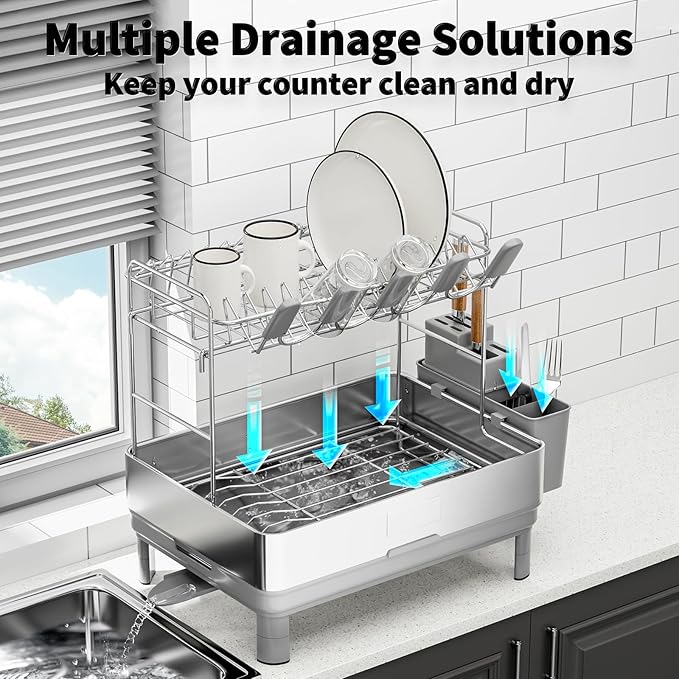 Dish Drying Rack, 2 Tier Large Dish Rack, Stainless Steel Dish Drainer for Kitchen Counter, Dishes Rack with Automatic Drainage, Utensil Holder&Cups Holder,Space Saving Kitchen Organizer,Gray