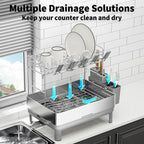 Dish Drying Rack, 2 Tier Large Dish Rack, Stainless Steel Dish Drainer for Kitchen Counter, Dishes Rack with Automatic Drainage, Utensil Holder&Cups Holder,Space Saving Kitchen Organizer,Gray