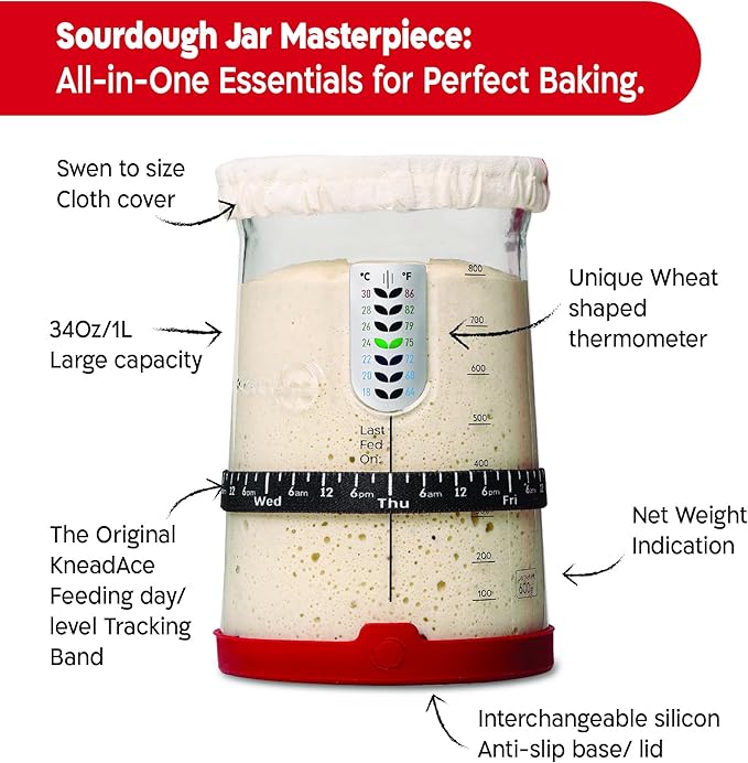Pro Sourdough Starter Kit - 34oz Large Capacity Glass Fermentation Jar with Lid & Tracker, Sourdough Starter Fermenter for Homemade Sourdough, Bread Dough Prep & Culinary Fermentation, 1 Set