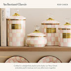 MACKENZIE-CHILDS Enamel Squashed Pot, Cute Enameled Container with Lid, 20 Ounces, Pink-and-White Rosy Check