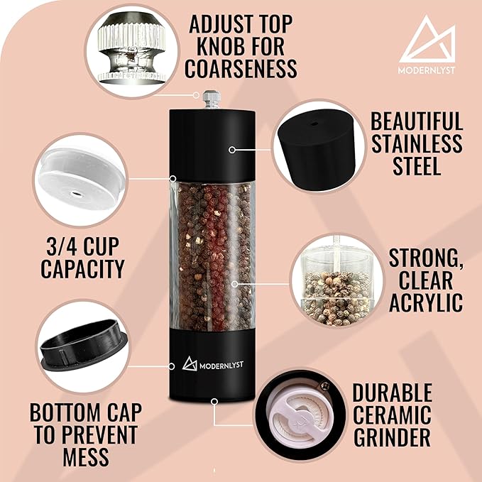 Manual Salt and Pepper Grinder Set of 2 | Large Round Salt and Pepper Shakers Set | 7.5 inch Stainless Steel Salt Grinder Refillable | Pepper Grinder Manual (Black)