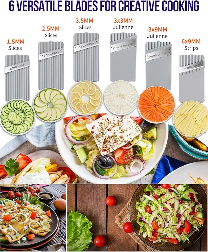 Safe Mandoline Slicer Upright Vegetable Chopper-Julienne Dicer for Kitchen, Potato Slicer, Adjustable Vegetable Cutter with Container, Multifunctional 6 in 1 Food Chopper (White)