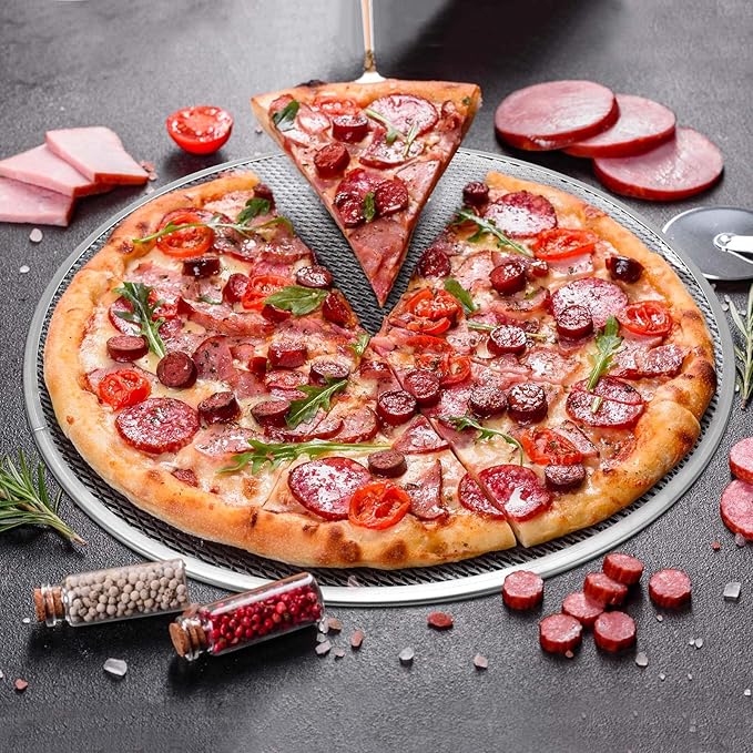 Nuogo 5 Pcs 14 Inch Pizza Pan with Holes Aluminum Mesh pizza Screen Seamless Round Tray for Oven Nonstick Baking Sheet for Kitchen Bakery Restaurant BBQ Party Cookware Supplies