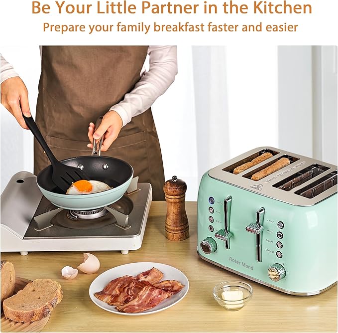 Roter Mond Toaster 4 Slice Retro Stainless Steel with Extra Wide Slots Bagel, Defrost, Reheat Function, Dual Independent Control Panel, Removable Crumb Tray, 6 Browning Levels, Aqua Green