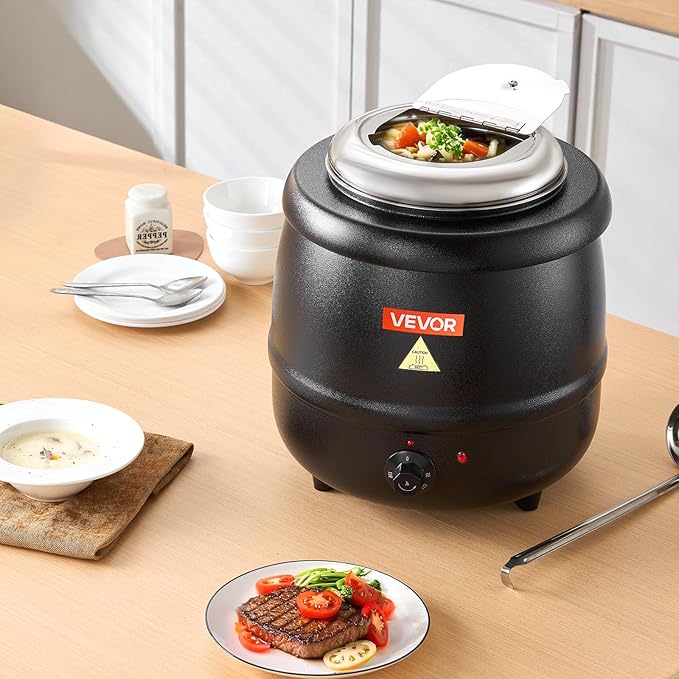 VEVOR Electric Soup Warmer, 10QT Commercial Soup Kettle with 304 Stainless Steel Detachable Insert Pot, 95~176°F Adjustable Temperature, Soup Station for Restaurant and Big Family, Black