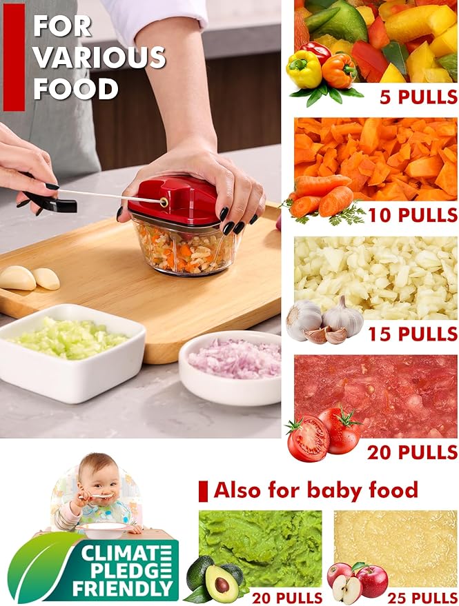 Geedel Mini Food Chopper Vegetable Cutter, Pull Chopper with String Onion Cutter, Vegetable Cutter for Veggies, Fruits, Salad, Onion, Ginger, Nuts, Herbs, etc, 0.8 Cup(200ml), Red