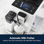 De'Longhi Rivelia Automatic Espresso Machine with Grinder & Milk Frother – All-in-One Coffee Maker, Hot & Iced Latte, Cappuccino, Bean Switch System, Burr Grinder, Compact Italian Design, White