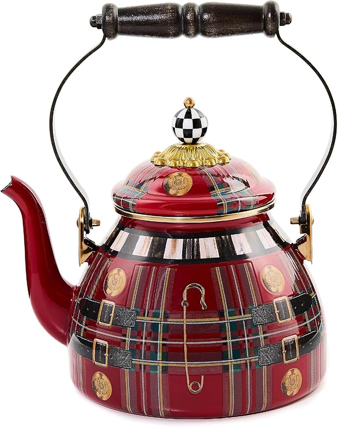 MACKENZIE-CHILDS Enamel Tea Kettle, Cute Tea Kettle for Stovetop, 2 Quarts, The Kilted