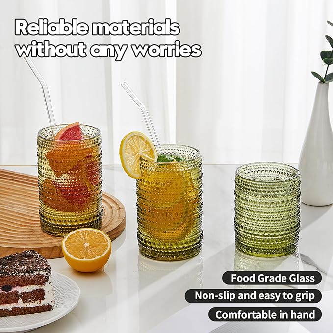 Hobnail Drinking Glasses Set of 6, 12 oz Vintage Glassware Set Cocktail Glass Set, Embossed Green Water Tumbler, for Beer, Whiskey, Juice and Various Mixed Drinks