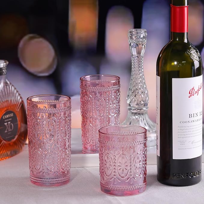 6 Pack Pink Vintage Glassware Set, 10oz Romantic Drinking Glasses, Colored Water Glasses, Pink Embossed Glass Cups for Juice, Cocktails, Beer, Iced Tea, Soda