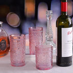 6 Pack Pink Vintage Glassware Set, 10oz Romantic Drinking Glasses, Colored Water Glasses, Pink Embossed Glass Cups for Juice, Cocktails, Beer, Iced Tea, Soda