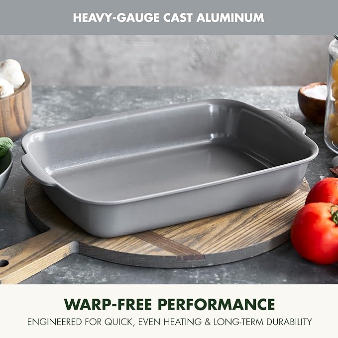 GreenPan Premiere Ovenware Healthy Ceramic Nonstick 13" x 9" Rectangular Baking Pan, Cast Aluminum Bakeware, Warp-Free, Oven and Broiler safe to 600F,Dishwasher Safe, PFAS-Free, Gray