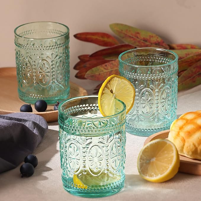 6 Pack Green Vintage Glassware Set, 10oz Textured Embossed Drinking Glasses, Colored Water Glasses, Green Glass Cups for Juice, Cocktails, Beer, Iced Tea, Soda