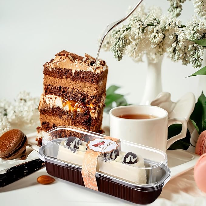 Tioncy 50 Pcs Mini Brown Loaf Pans with Lids Spoons Sticker Chocolate Pattern 6.8oz Disposable Rectangle Aluminum Foil Baking Pans Muffin Cupcake Cups for Picnics Wedding Birthday Baby Shower