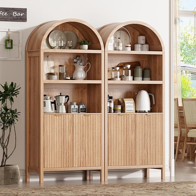 71" Tall Arched Kitchen Pantry,Modern Fluted Wood Storage Cabinet with Doors,Adjustable Shelves,Organizer, Versatile Cupboard for Kitchen,Living Room,Dining Room,Bathroom,Oak1