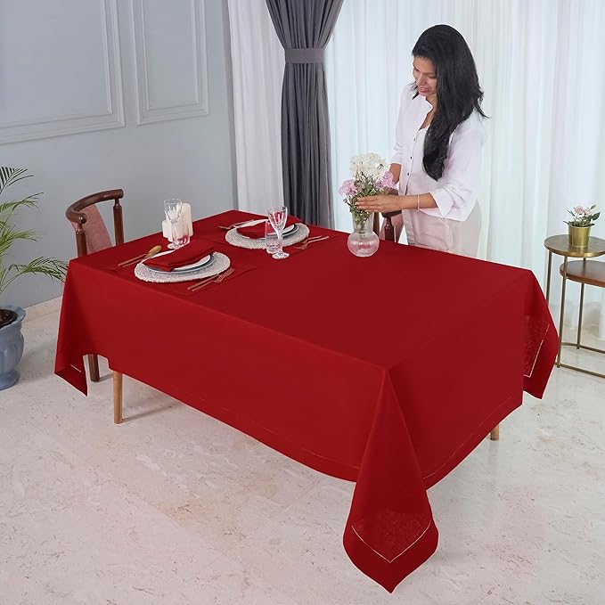D'Moksha Homes Red Linen Tablecloth for Rectangle Tables 60 x 140 Inch - Classic Hemstitch 100% Pure Linen Red Tablecloth - Machine Washable Cloth Table Cloth for Summer, Fall and Halloween