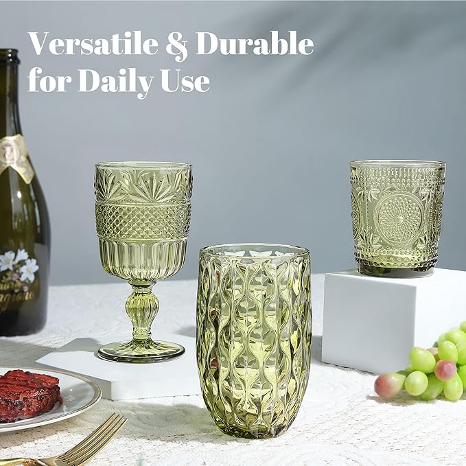 Joeyan Green Vintage Drinking Glasses,Embossed Small Sunflower Water Glass Tumbler,11oz Colored Boho Beaded Glassware for Beverages Juice Whisky Cocktail Beer Wine,Set of 6,Dishwasher Safe