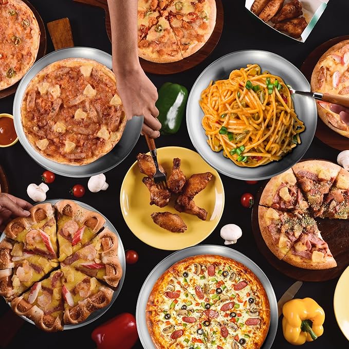 8 Pieces 12 Inch Pizza Pans Bulk Stainless Steel Sets Round Bakeware Pizza Trays for Oven Kitchen Baking Home Restaurant Safe Sturdy Reusable Easy Clean