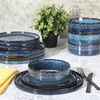 Gibson Elite 12 Piece Matisse Moderna Stoneware Reactive Glaze Plates and Bowls Dishes Dinnerware Set - Cobalt Blue