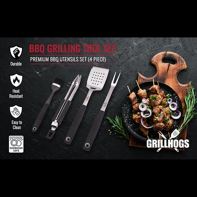 Heavy Duty BBQ Grilling Tool Set, Premium Soft Grip Tongs, Spatula with Bottle Opener and Serrated Edge, Barbecue Meat Fork, Stainless Steel Basting Brush, Premium BBQ Utensils Set (4 Piece)