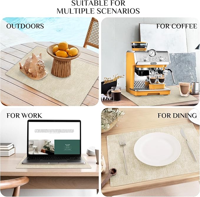 Softalker Vinyl Placemats Set of 8 - Faux Leather Heat Resistant Place Mats, 100% Waterproof Oilproof Wipe Clean Table Mats for Indoor & Outdoor Use, 17’’×12’’, Beige