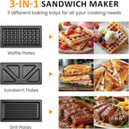 Sunvivi 3 in 1 Waffle, Grill & Sandwich Maker, Sandwich Maker Panini Press Waffle Iron Set with Removable Non-Stick Plates & Indicator Lights, Grill and Sandwich Press for Breakfast, 750W, Black