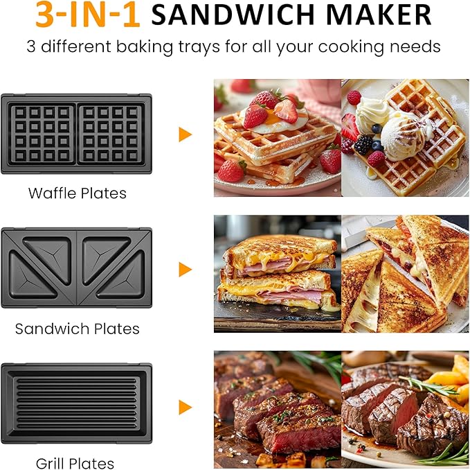 Sunvivi 3 in 1 Waffle, Grill & Sandwich Maker, Sandwich Maker Panini Press Waffle Iron Set with Removable Non-Stick Plates & Indicator Lights, Grill and Sandwich Press for Breakfast, 750W, Black